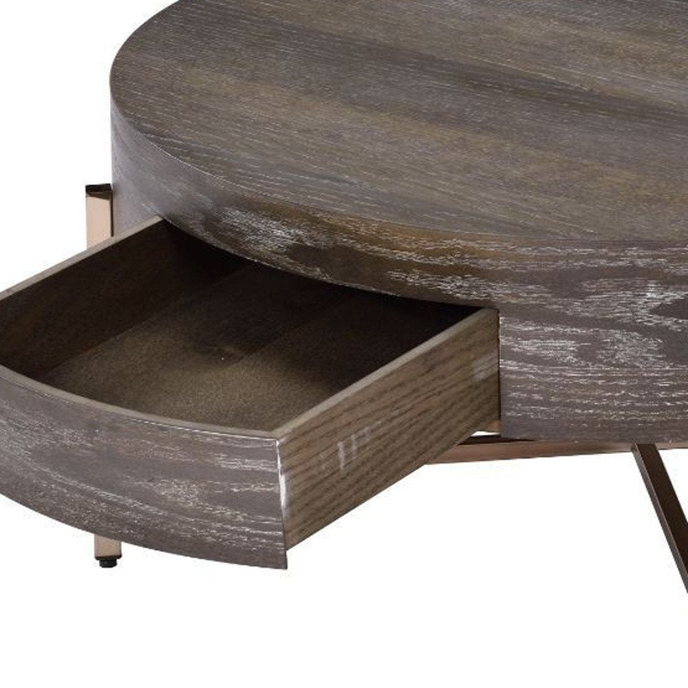 32" Dark Brown and Champagne Wood And Metal Round Sled Coffee Table With Drawer HomeRoots