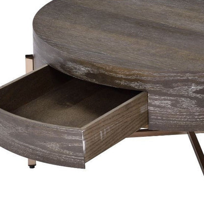 32" Dark Brown and Champagne Wood And Metal Round Sled Coffee Table With Drawer HomeRoots