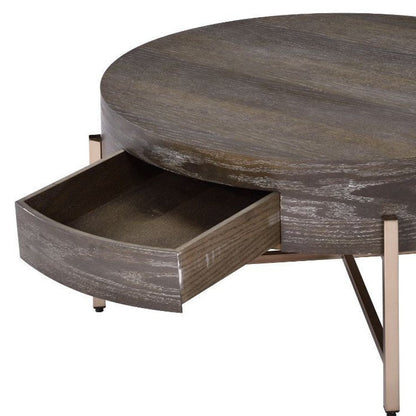 32" Dark Brown and Champagne Wood And Metal Round Sled Coffee Table With Drawer HomeRoots