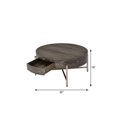 32" Dark Brown and Champagne Wood And Metal Round Sled Coffee Table With Drawer HomeRoots