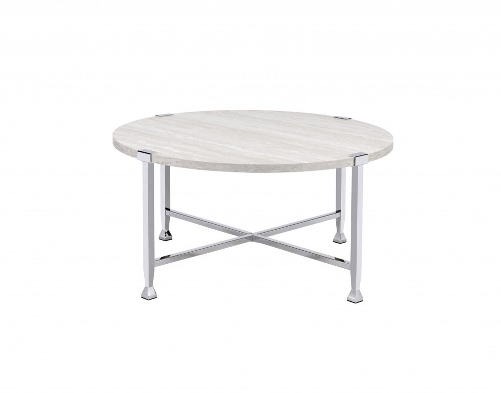 36" White and Silver Metal Round Cross Legs Coffee Table HomeRoots
