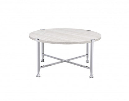 36" White and Silver Metal Round Cross Legs Coffee Table HomeRoots