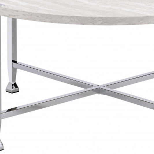 36" White and Silver Metal Round Cross Legs Coffee Table
