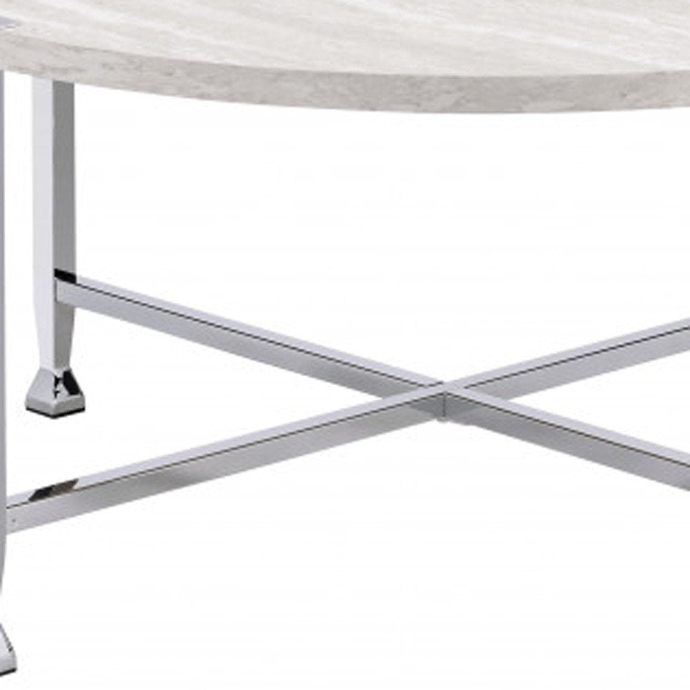 36" White and Silver Metal Round Cross Legs Coffee Table HomeRoots