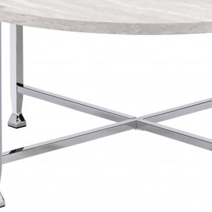 36" White and Silver Metal Round Cross Legs Coffee Table HomeRoots