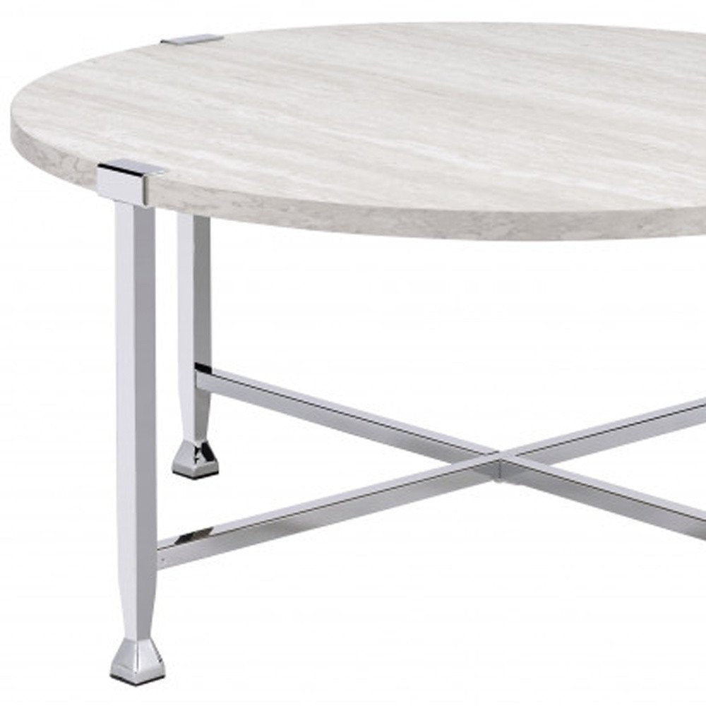 36" White and Silver Metal Round Cross Legs Coffee Table HomeRoots