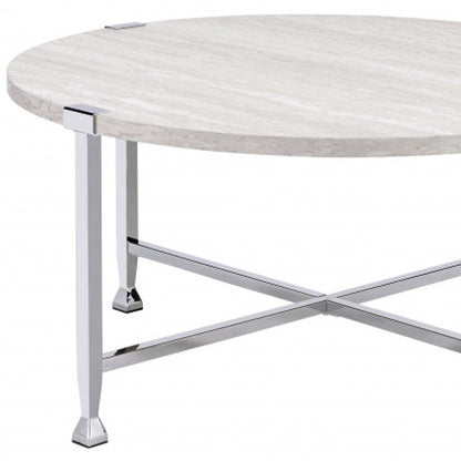 36" White and Silver Metal Round Cross Legs Coffee Table HomeRoots