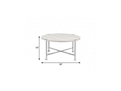 36" White and Silver Metal Round Cross Legs Coffee Table HomeRoots