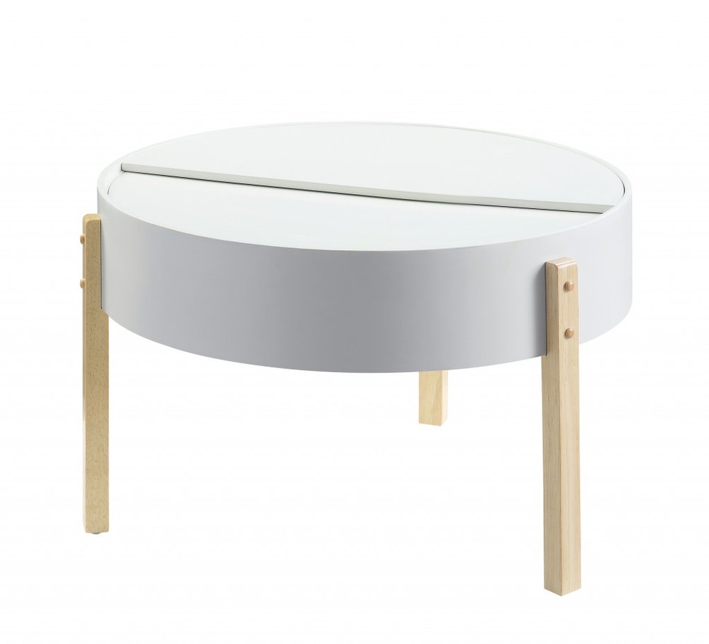 32" White and Natural Wood And Solid Wood Round Coffee Table HomeRoots