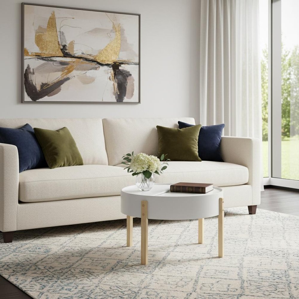 32" White and Natural Wood And Solid Wood Round Coffee Table HomeRoots