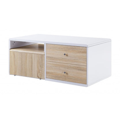 47" White and Natural Wood Frame Coffee Table With Two Drawers HomeRoots