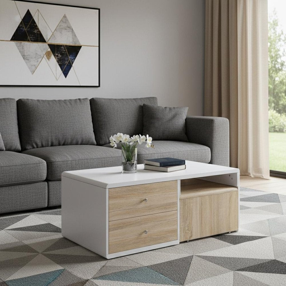 47" White and Natural Wood Frame Coffee Table With Two Drawers HomeRoots