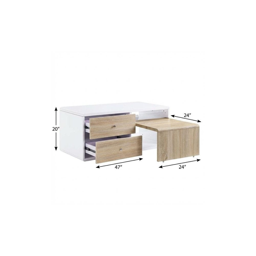 47" White and Natural Wood Frame Coffee Table With Two Drawers HomeRoots