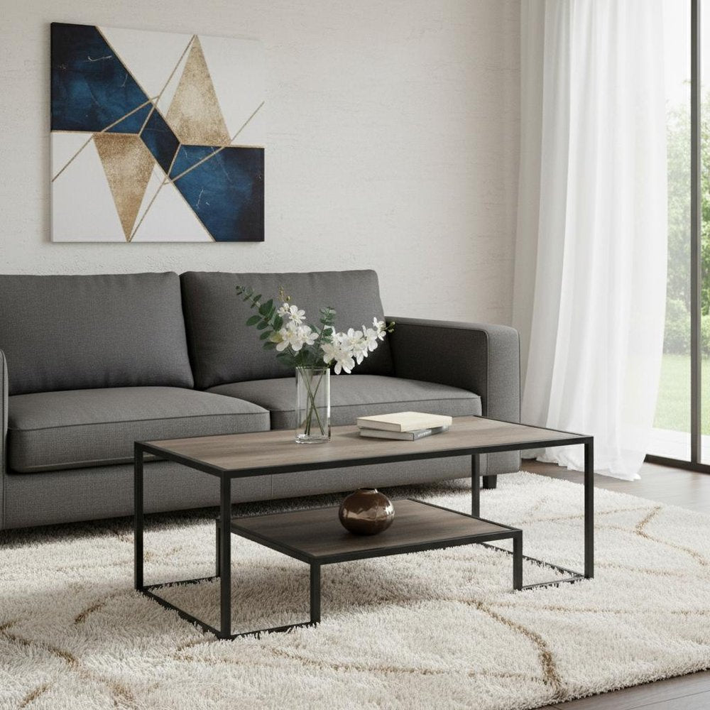 45" Brown and Black Metal Sled Coffee Table With Shelf HomeRoots