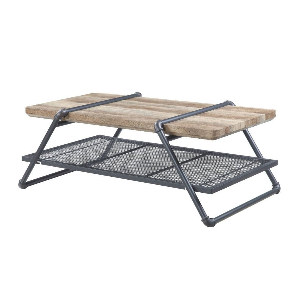 47" Natural and Gray Metal Sled Coffee Table With Shelf HomeRoots