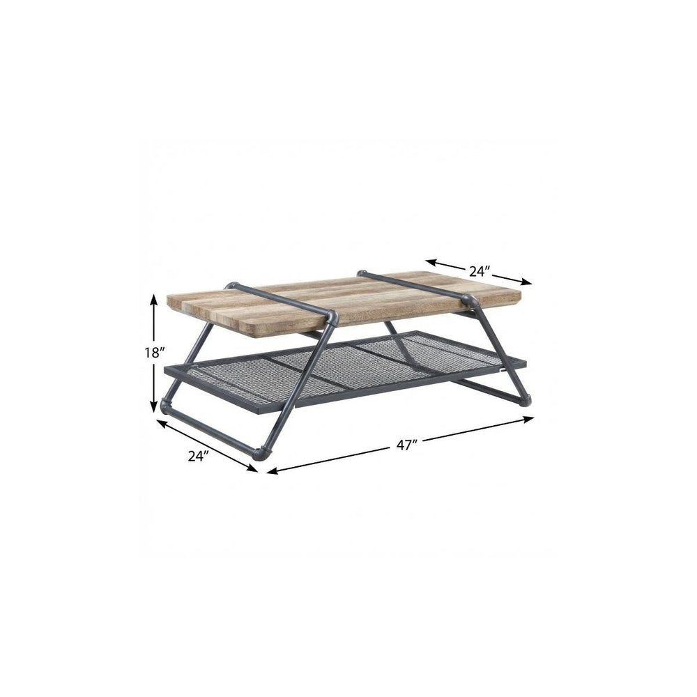47" Natural and Gray Metal Sled Coffee Table With Shelf HomeRoots