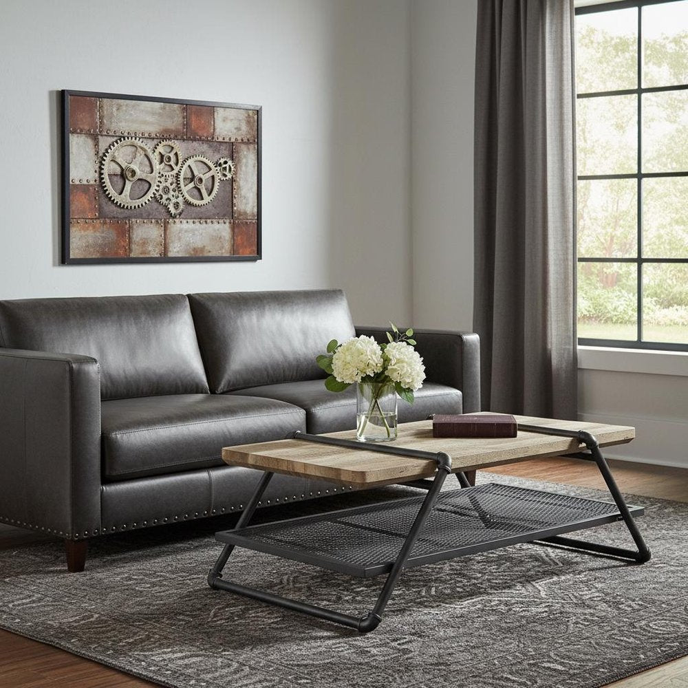 47" Natural and Gray Metal Sled Coffee Table With Shelf HomeRoots