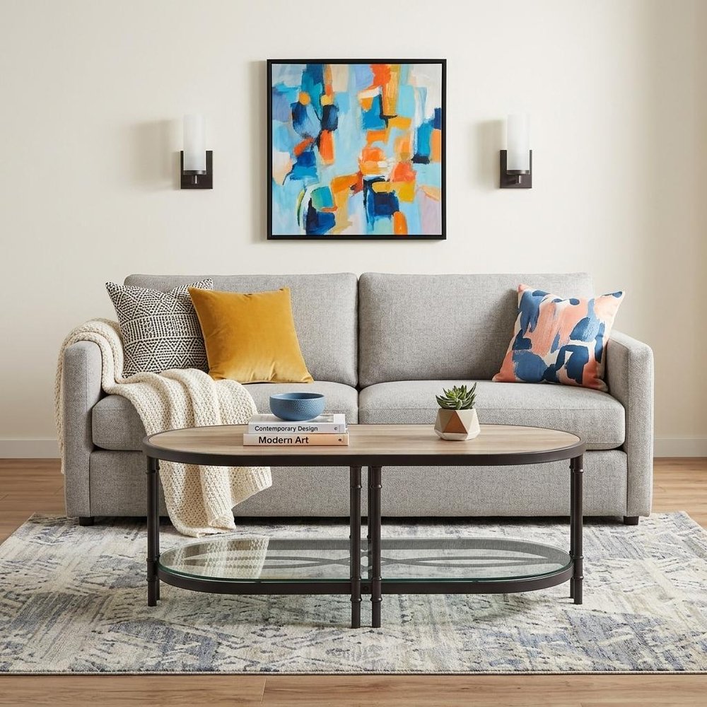 47" Natural Metal Oval Sled Coffee Table With Shelf HomeRoots