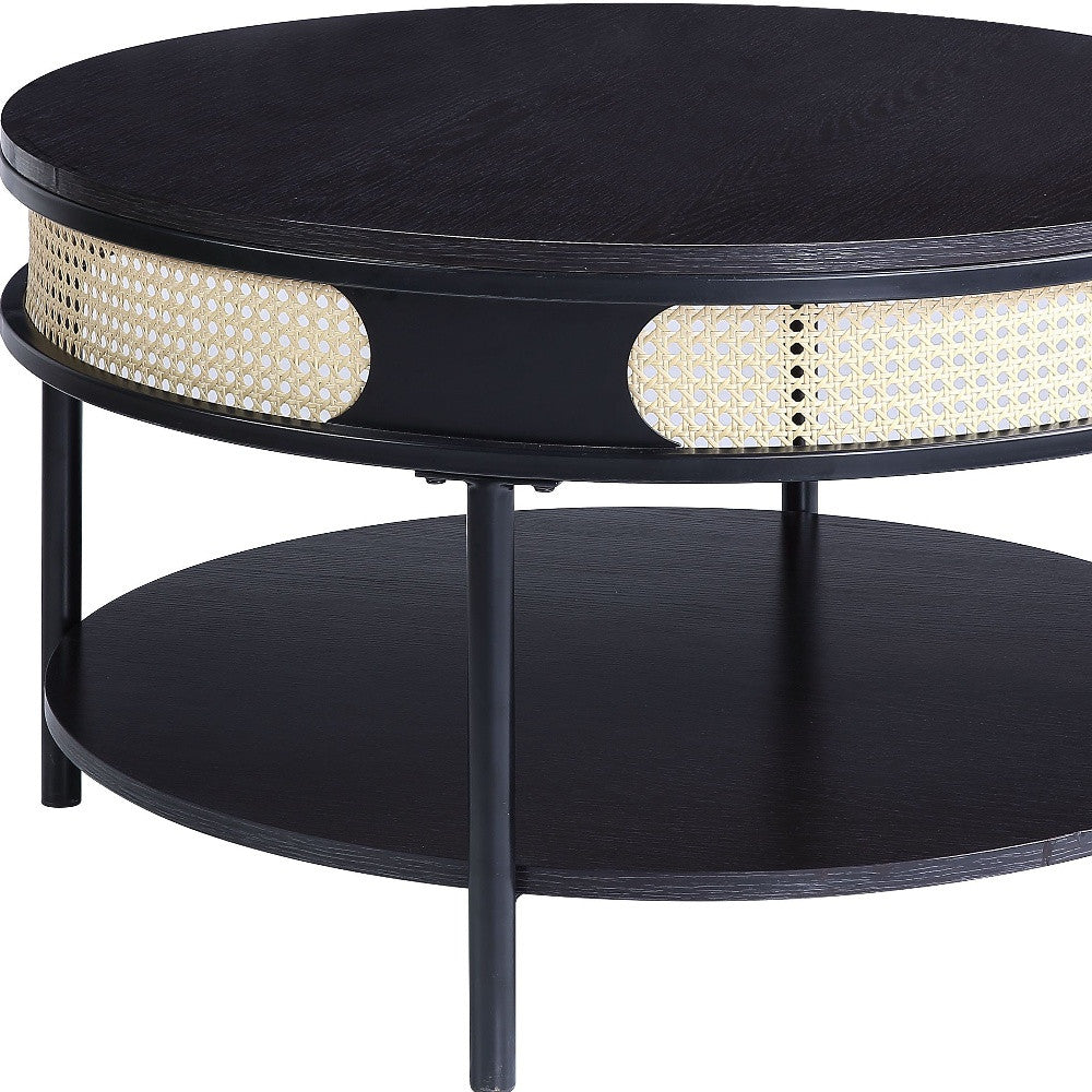 32" Black Wood And Metal Round Coffee Table With Shelf