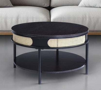 32" Black Wood And Metal Round Coffee Table With Shelf