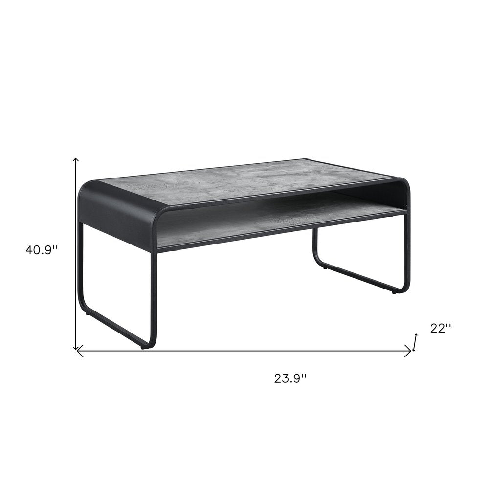 42" Gray and Black Concrete And Metal Sled Coffee Table With Shelf HomeRoots