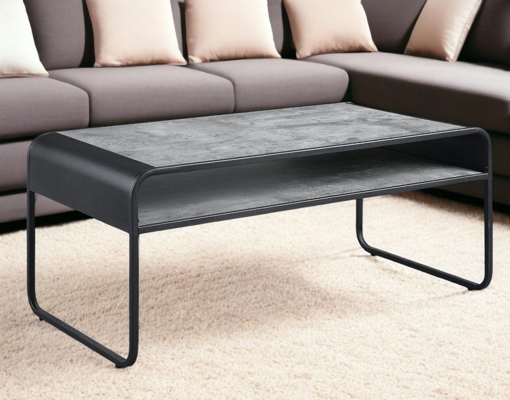 42" Gray and Black Concrete And Metal Sled Coffee Table With Shelf HomeRoots