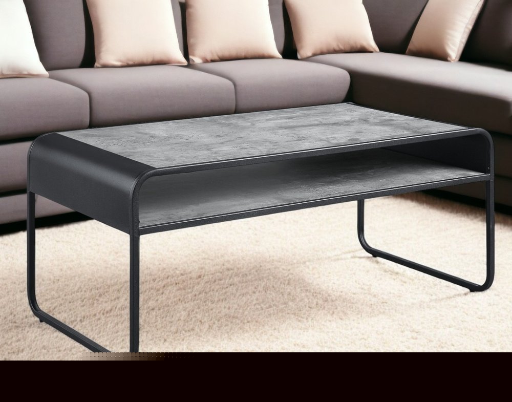 42" Gray and Black Concrete And Metal Sled Coffee Table With Shelf HomeRoots