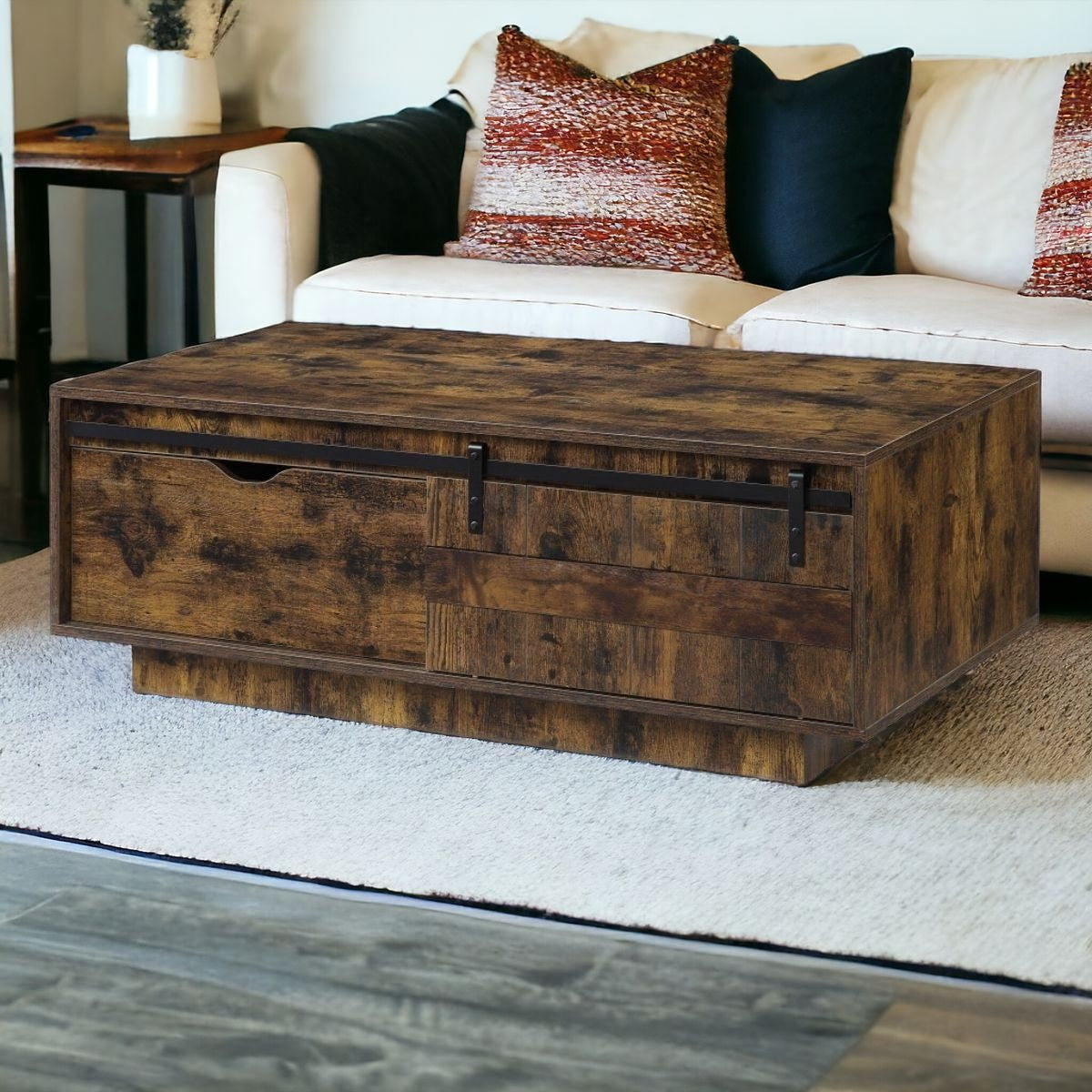 47" Brown and Black Melamine Veneer And Wood Coffee Table With Drawer And Shelf