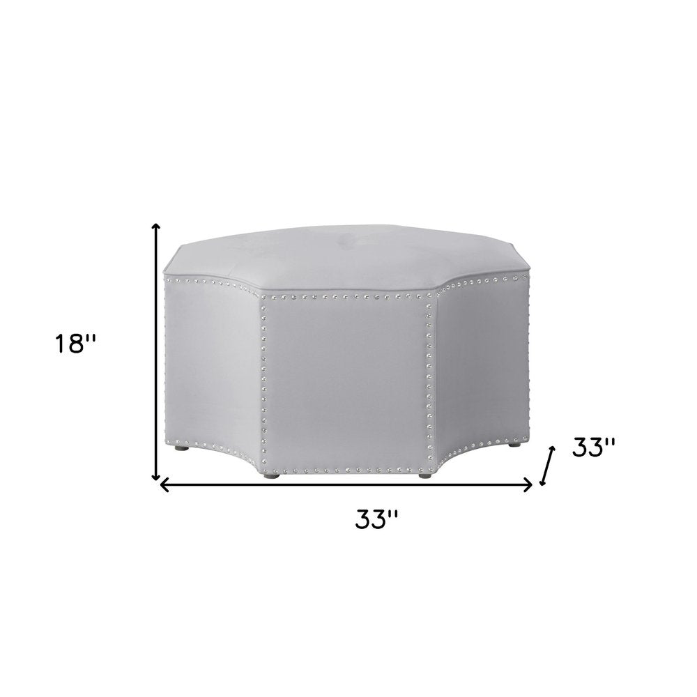33" Silver Faux Leather Tufted Octagonal Cocktail Ottoman HomeRoots