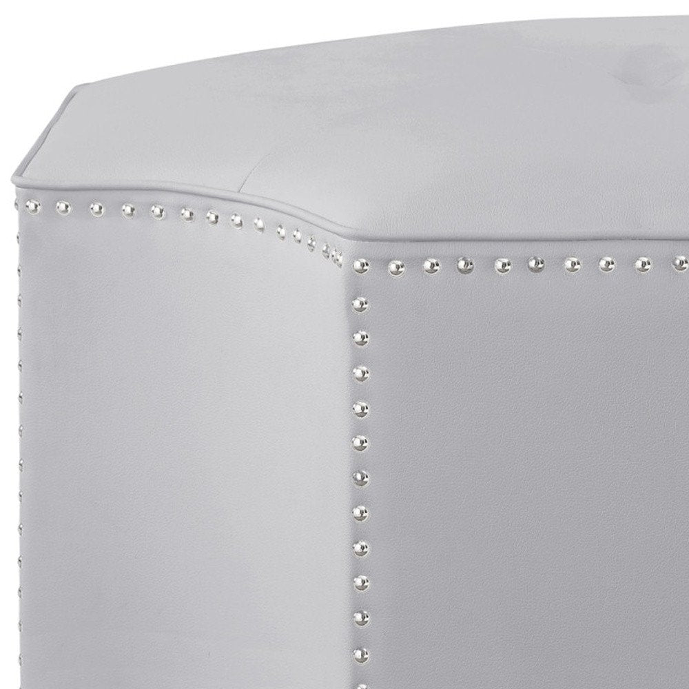 33" Silver Faux Leather Tufted Octagonal Cocktail Ottoman HomeRoots