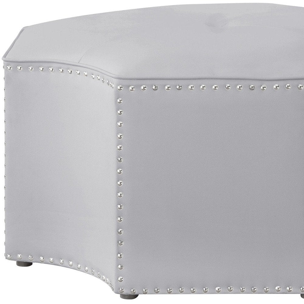 33" Silver Faux Leather Tufted Octagonal Cocktail Ottoman HomeRoots