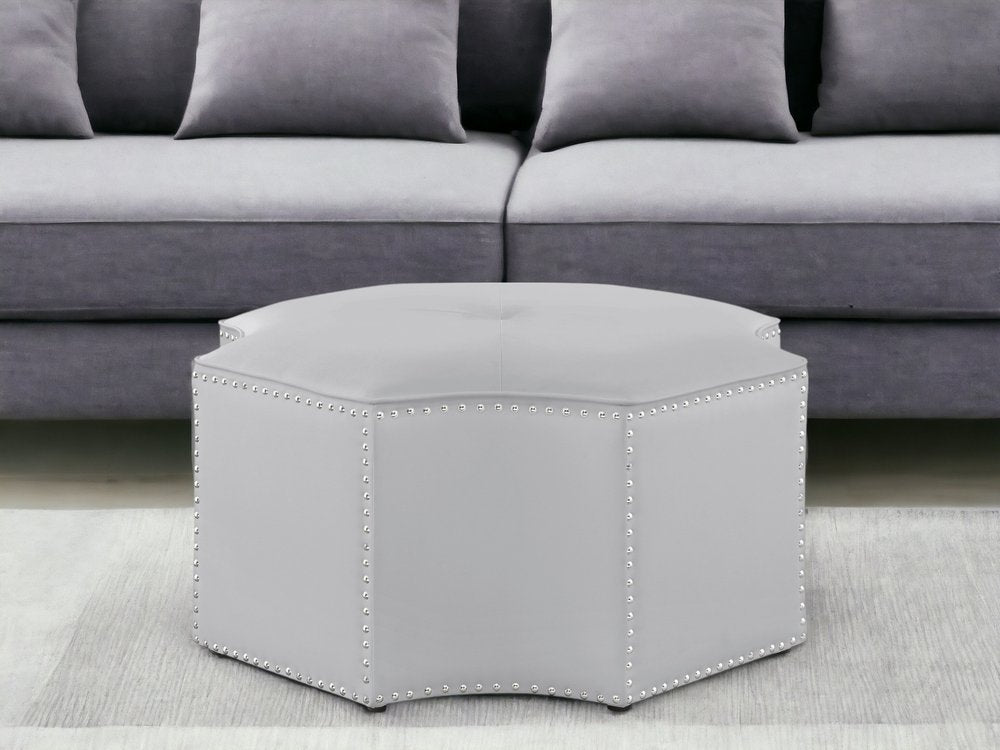 33" Silver Faux Leather Tufted Octagonal Cocktail Ottoman HomeRoots