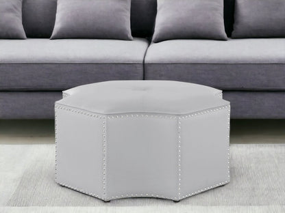 33" Silver Faux Leather Tufted Octagonal Cocktail Ottoman HomeRoots