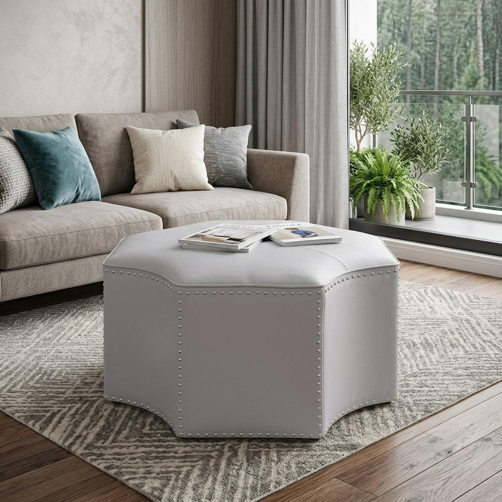 33" Silver Faux Leather Tufted Octagonal Cocktail Ottoman — view 11