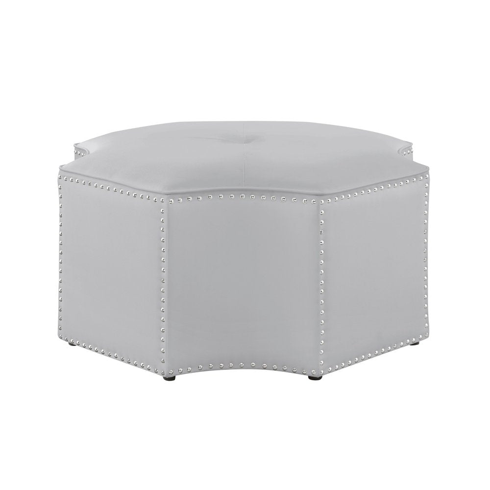 33" Silver Faux Leather Tufted Octagonal Cocktail Ottoman HomeRoots