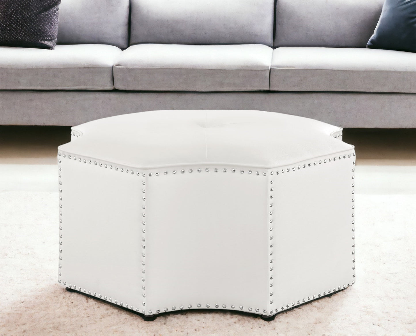 33" Silver Faux Leather Tufted Octagonal Cocktail Ottoman