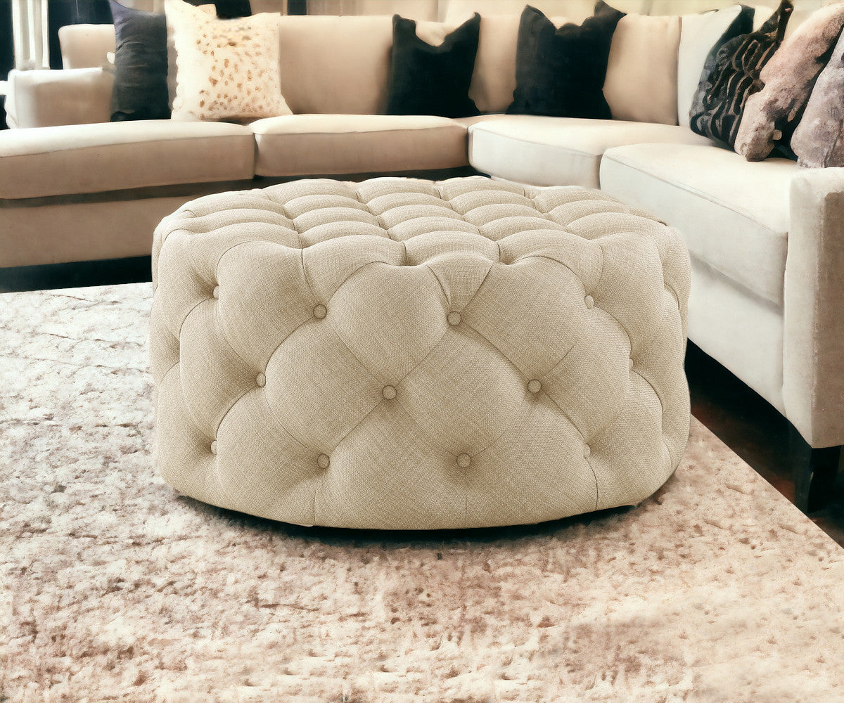 33" White Linen Rolling Tufted Round Cocktail Ottoman