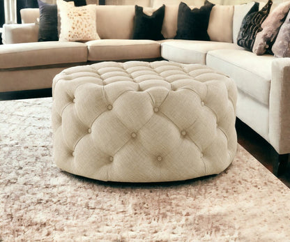 33" Beige Linen  Rolling Tufted Round Cocktail Ottoman HomeRoots