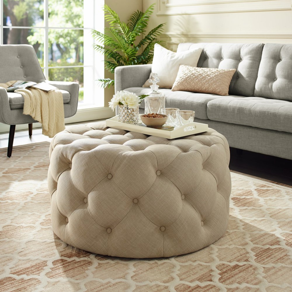 33" Beige Linen  Rolling Tufted Round Cocktail Ottoman HomeRoots