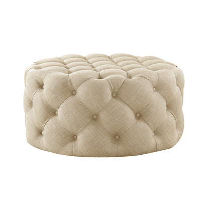 33" White Linen Rolling Tufted Round Cocktail Ottoman