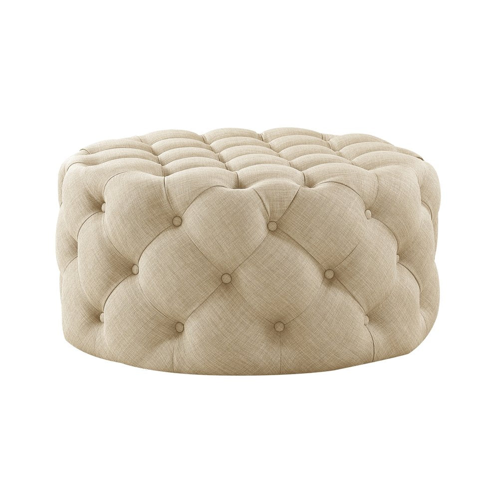 33" Beige Linen  Rolling Tufted Round Cocktail Ottoman HomeRoots