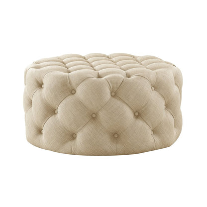 33" Beige Linen  Rolling Tufted Round Cocktail Ottoman HomeRoots