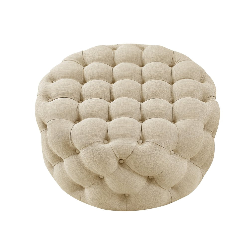 33" Beige Linen  Rolling Tufted Round Cocktail Ottoman HomeRoots