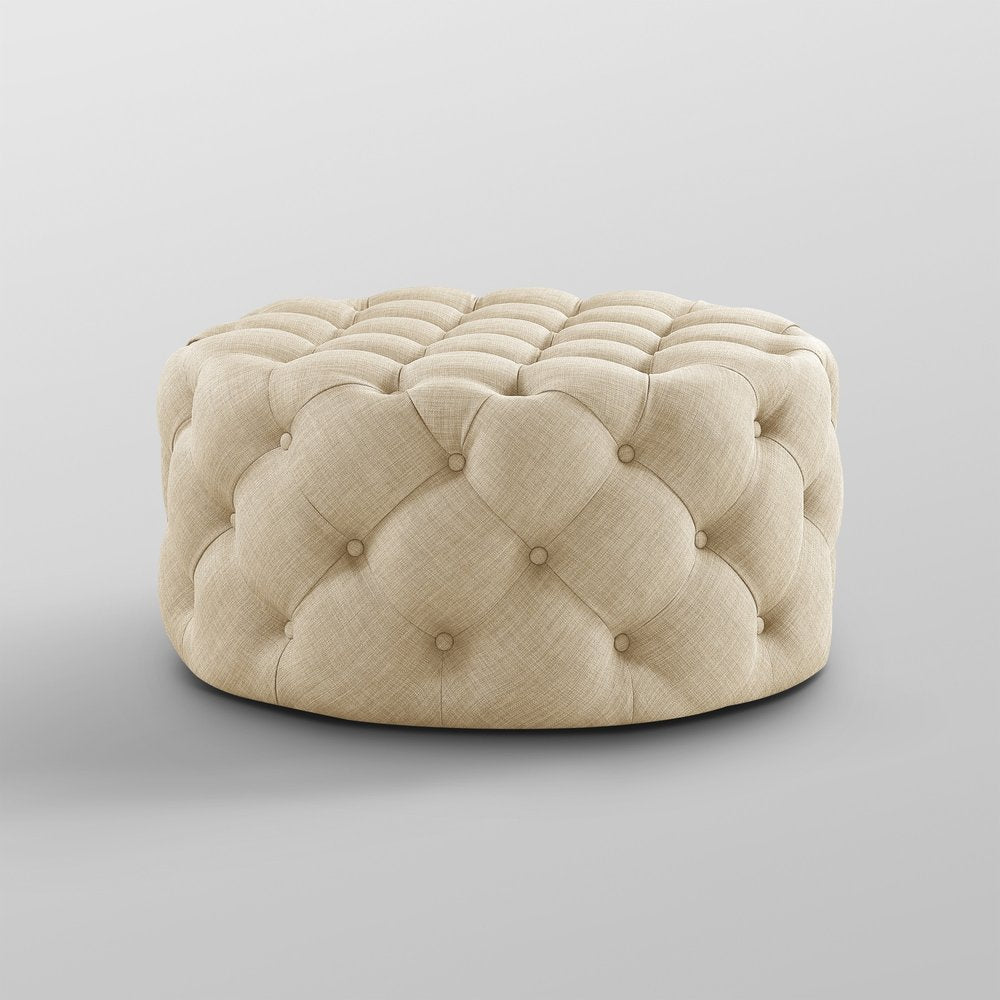33" Beige Linen  Rolling Tufted Round Cocktail Ottoman HomeRoots