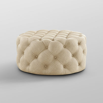 33" Beige Linen  Rolling Tufted Round Cocktail Ottoman HomeRoots