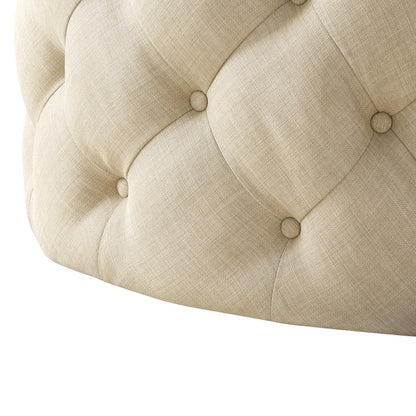 33" White Linen Rolling Tufted Round Cocktail Ottoman