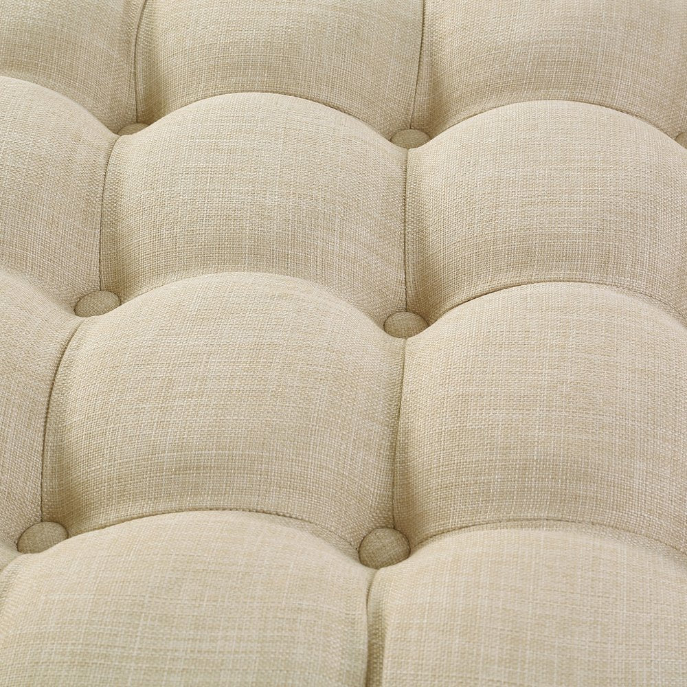 33" Beige Linen  Rolling Tufted Round Cocktail Ottoman HomeRoots