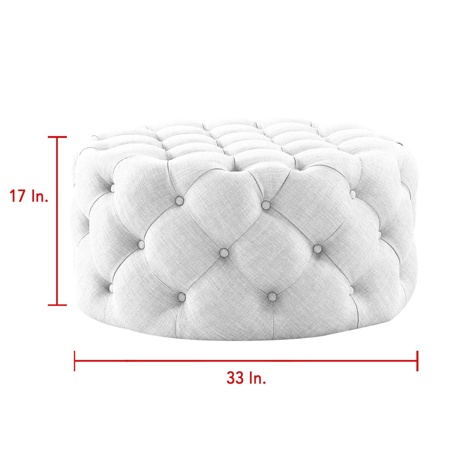 33" White Linen Rolling Tufted Round Cocktail Ottoman