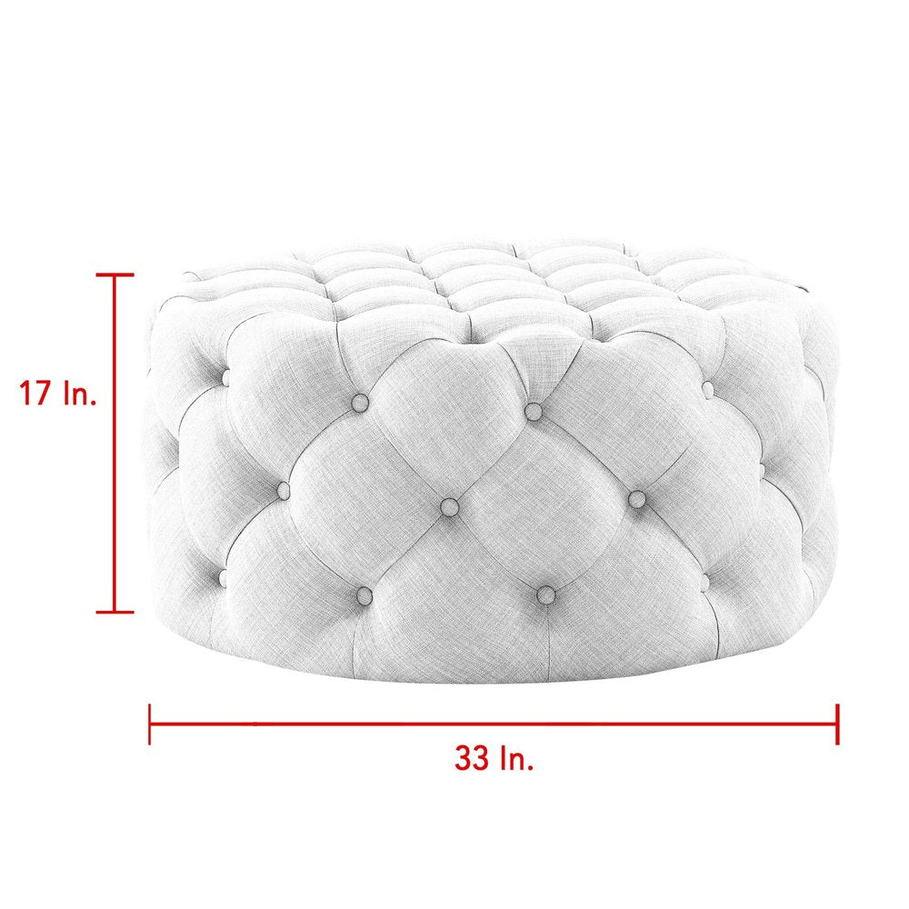 33" Beige Linen  Rolling Tufted Round Cocktail Ottoman HomeRoots