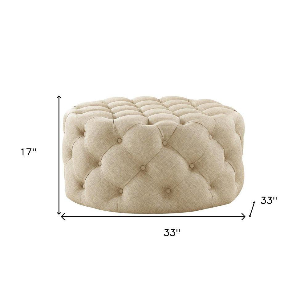 33" Beige Linen  Rolling Tufted Round Cocktail Ottoman HomeRoots